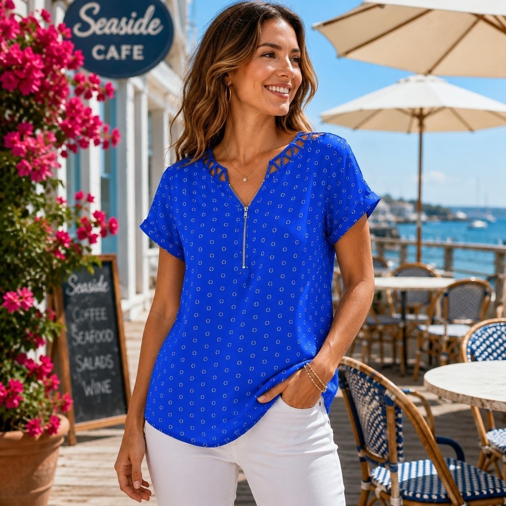 Apt. 9 Women's Medium Blue Tossed Circles Top Career Casual Coastal Chic Travel